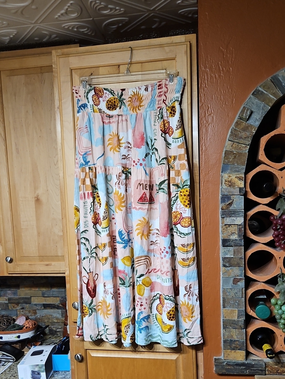 Anthropologie Paper Heart Boho Tropical Fruit Linen Blend Maxi Skirt Pink Blue